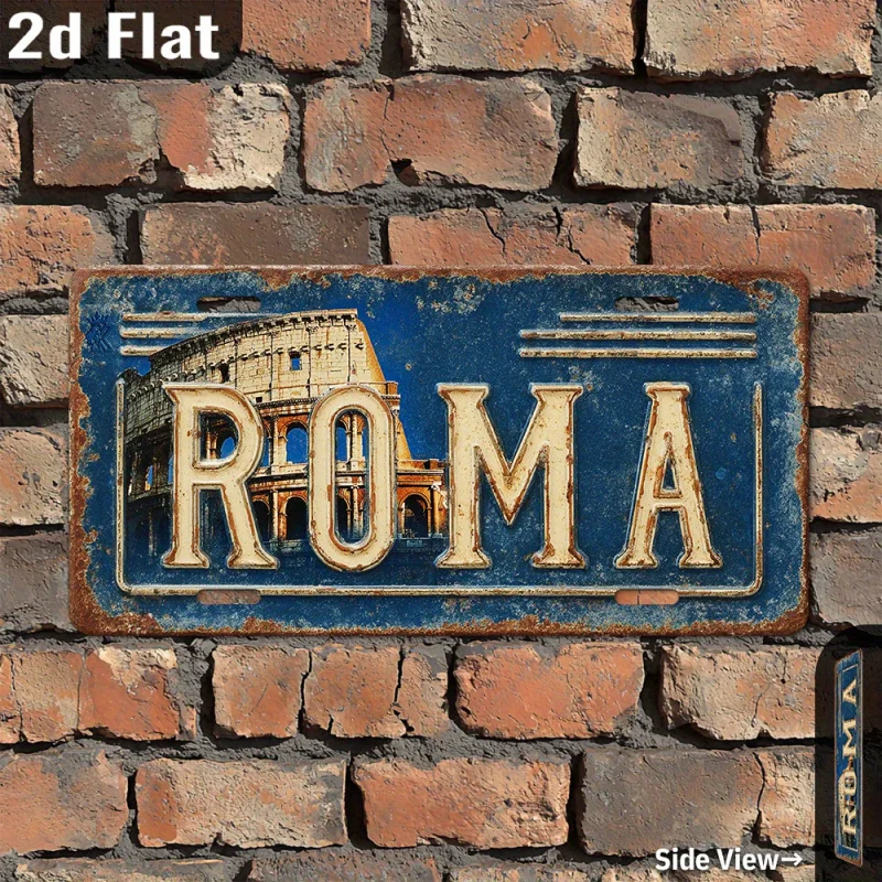 مسطح ثنائي الأبعاد، قطعة واحدة من لوحة ترخيص معدنية من روما الإيطالية العتيقة - ديكور كولوسيوم روما القديم مع الطباعة المتعثرة #4