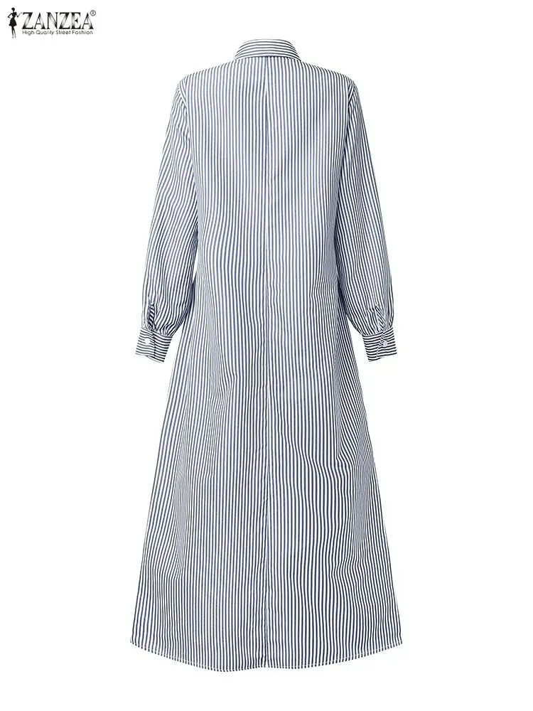 Zanzea escritório vestidos femininos 2025 outono elegante lapela pescoço manga longa camisa vestido casual listra trabalho vestidos botões para baixo robe