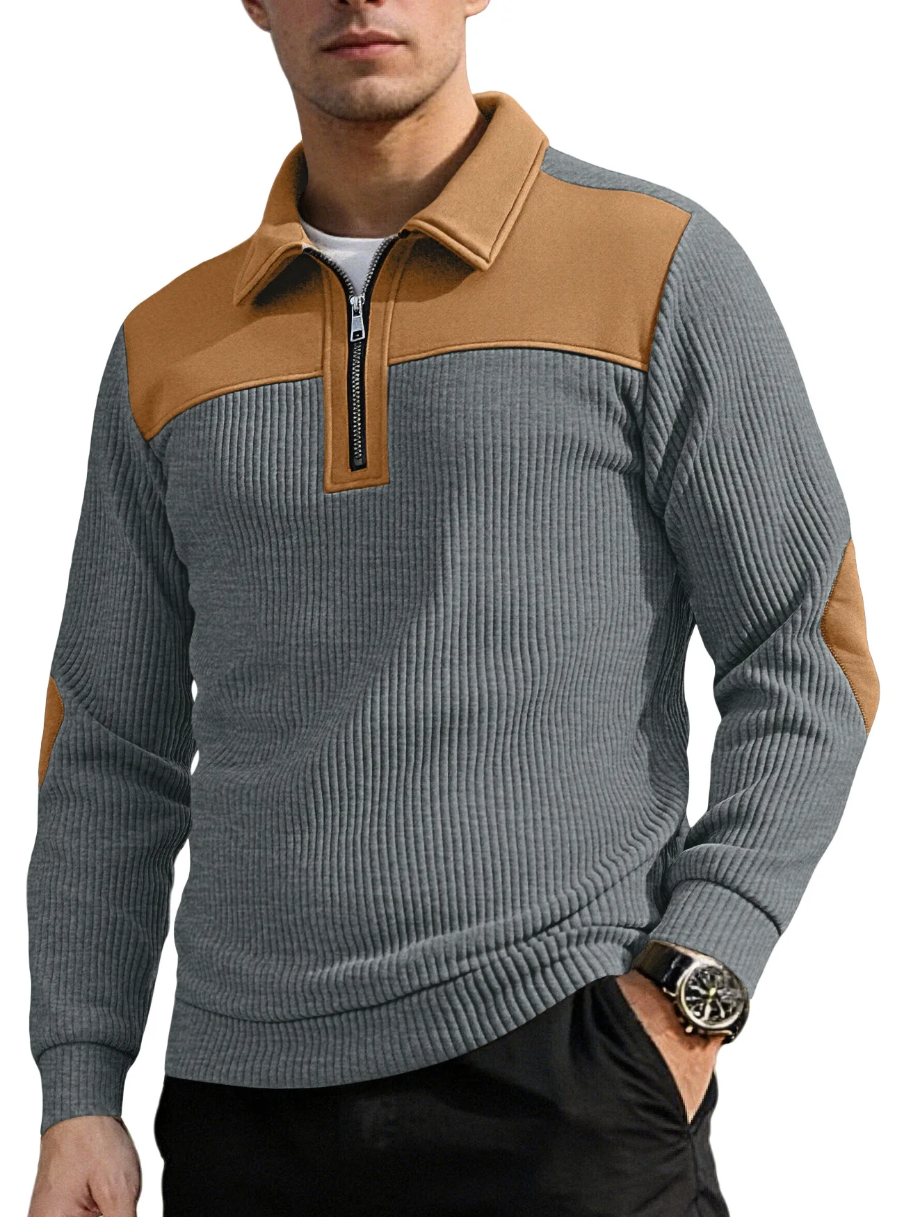 Winter and Autumn Men's Buttoned Half-Zip Fashion Pullover Striped Henry Shirt Sweatshirt Male