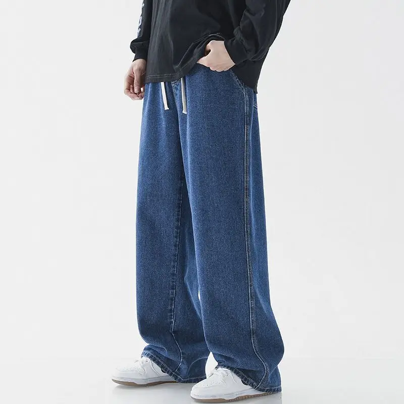 Summer New Loose High Street Fashion Jeans Sports Casual Thin Straight Men Solid Elastic Drawstring Pocket Trendy Wide Leg Pants