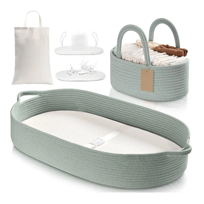 

Portable Cotton Rope Baby Breathable Waterproof Double Lid Baby Changing Basket Includes Diaper Box