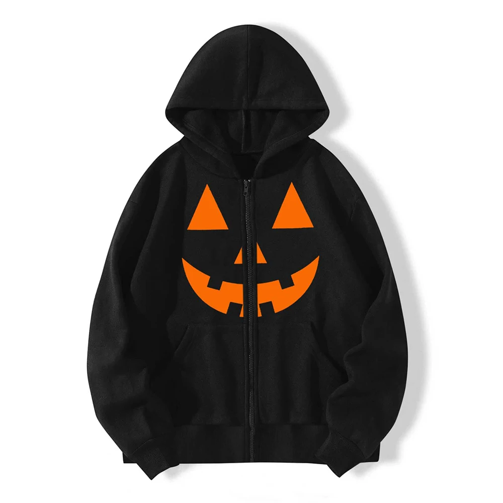 Oversized Y2K Aesthetic Gothic Hoodie Halloween Graphic Pumpkin Print New Long Sleeve Zip Up Sweatshirts Jacket Coat Streetwear