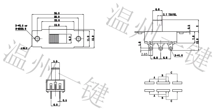 10 Pcs On/Off/On 3 Position 2P3T PCB Panel Slide Switch 6A/125V 3A/250V AC 6 Pins SS-23F19