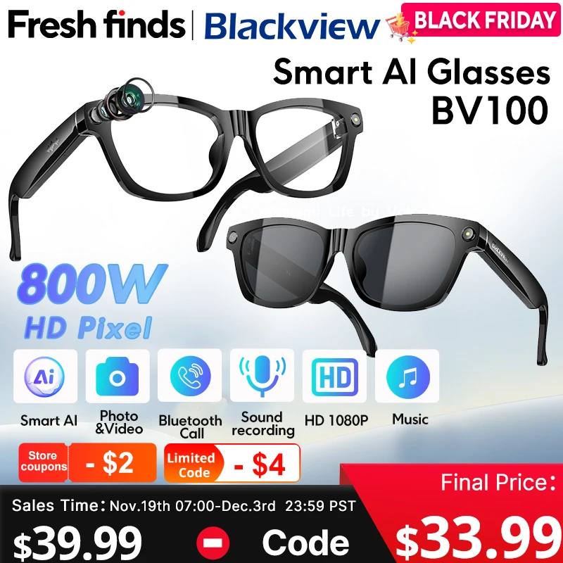 【Мировая премьера】Blackview BV100 AI Смарт-очки 800 Вт пикселей 2K HD-камера Bluetooth-вызов Голосовой помощник Умные очки 【Мировая премьера】Blackview BV100 AI Смарт-очки 800 Вт пикселей 2K HD-камера Bluetooth-вызов Голосовой помощник Умные очки