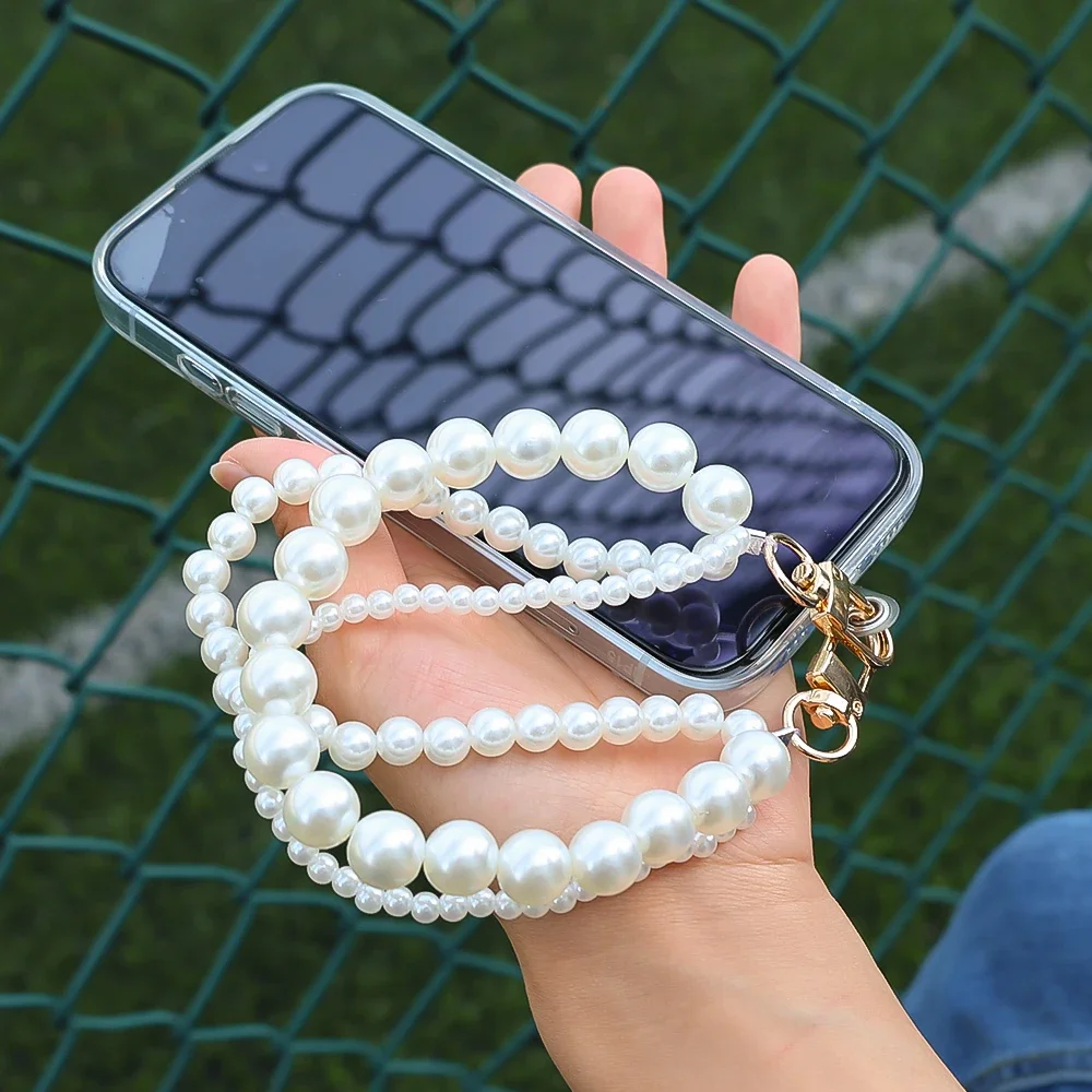 Universal Phone Pearl Pendant Wrist Strap with Hanging Tether Tabs Cellphone Hands-Free Charm Chain for Keychain Wallet Camera