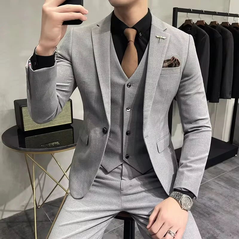 

T490 Brand Boutique Fashion Solid Color Mens Casual Business Suit 3Piece Set Groom Wedding