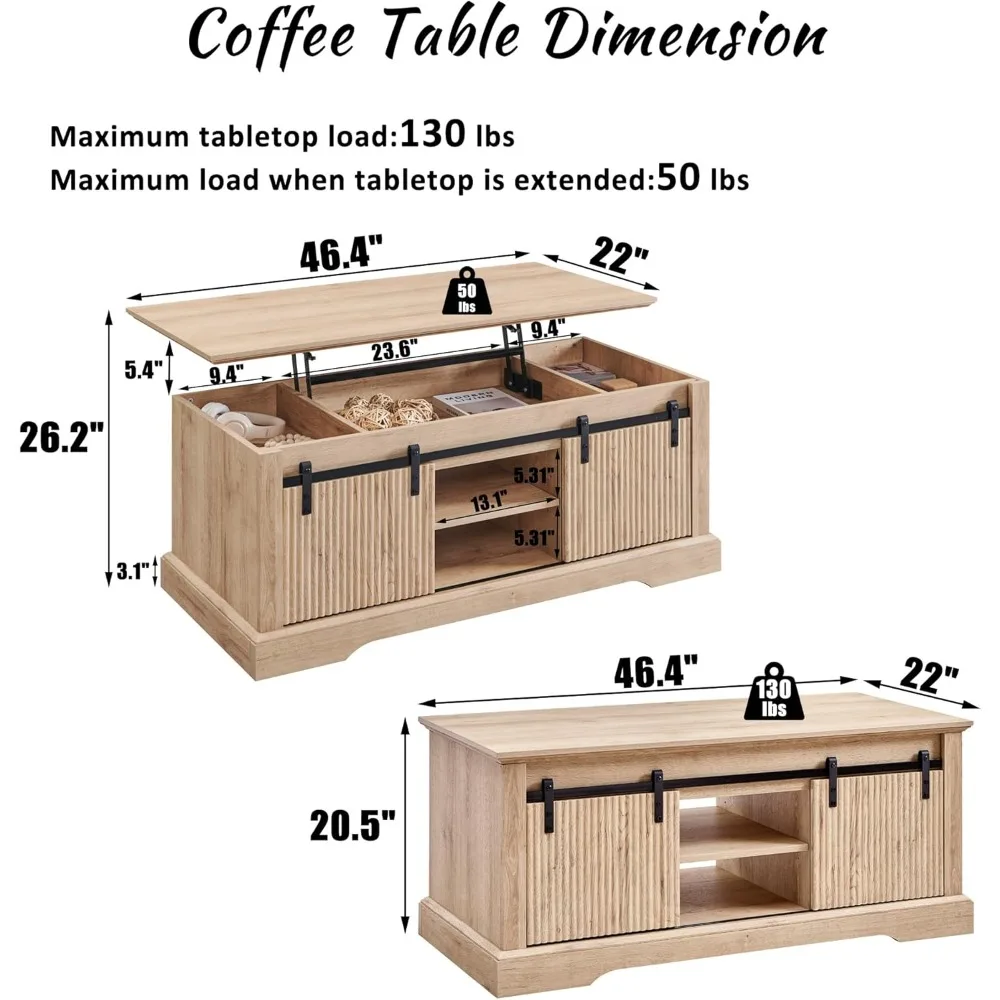 Mesa de centro elevatória canelada de 46" com porta deslizante, mesa central moderna com prateleira de armazenamento ajustável e compartimento oculto