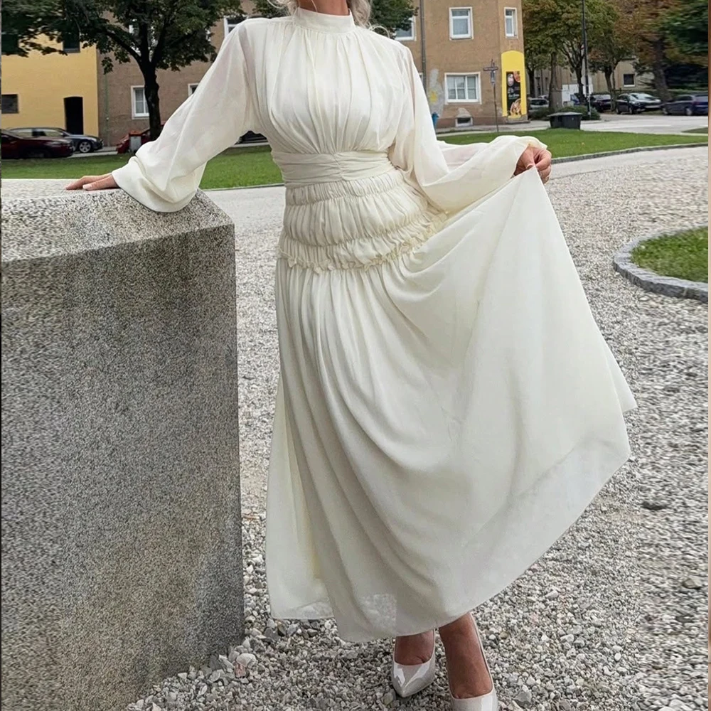 ชุดราตรีผ้าชีฟองจีบระบาย  ชุดออกงานหรูหราสำหรับผู้หญิง  ชุดไปงานแต่งงาน  ทรงเอไลน์  สไตล์ซาอุดิอาระเบีย ดูไบ  ชุดราตรียาวสำหรับงานเลี้ยงค็อกเทล