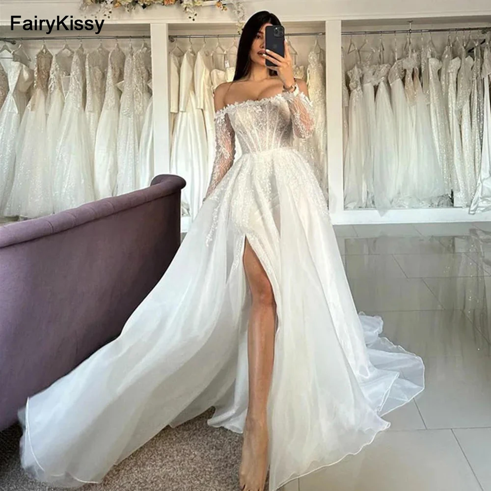 FairyKissy Organza Off The Shoulder Wedding Dress A Line Long Sleeve Lace Side Split Bride Dresses Elegant Wedding Bridal Gowns