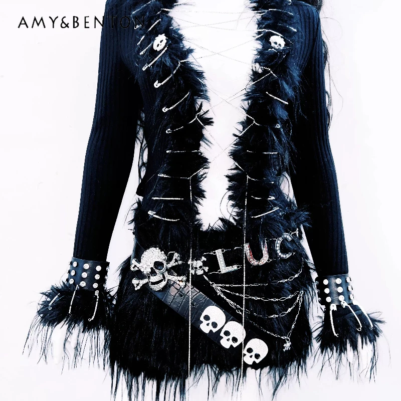 

Original Punk Gothic Black Furry Women's Coat 2025 New Vintage Sweet Cool Sexy Design Top Subculture Short Skirt Suit Ladies