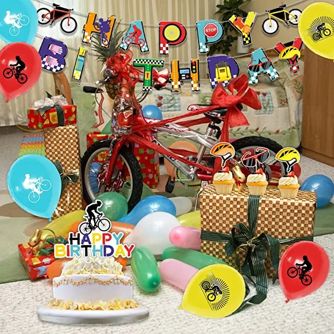 Fahrrad-Geburtstagsparty-Dekorationen, Fahrrad-Latex-Luftballons für Kinder, Geburtstag, Babyparty, Hochzeitstorte, Topper, Banner, Partyzubehör – Detail 5