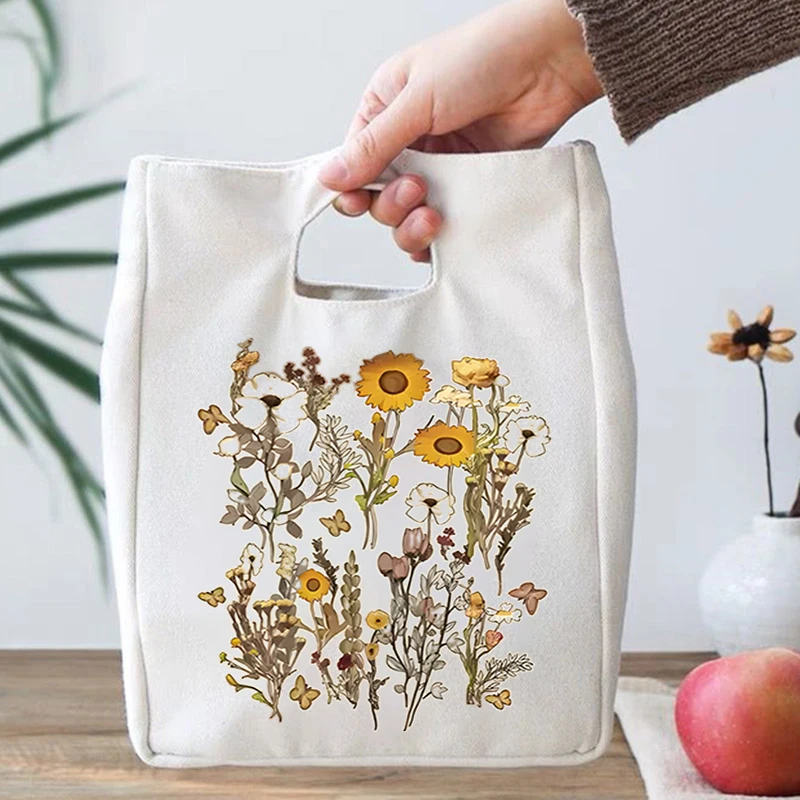 Butterfly Flower Pattern Designs Portable Lunch Bag Women Boho Flower Insulated Canvas Lunch Bag Students Lunch Picnic Food Bags