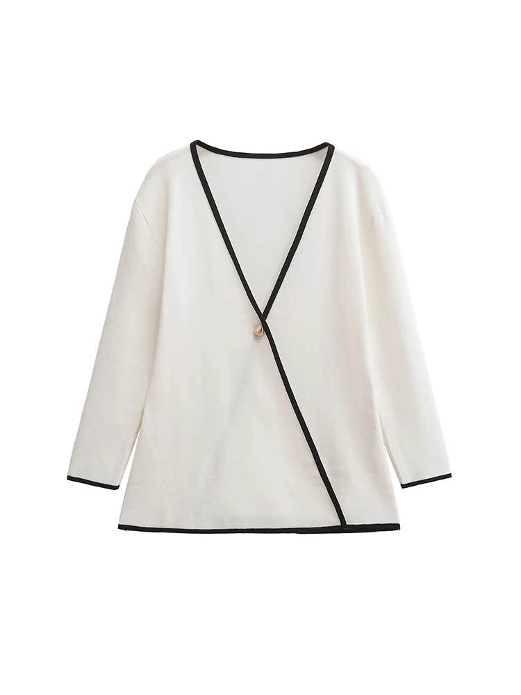 

2024 Women's Fall New Arrivals Contrast Trim Single Button White Long Sleeve Knitted Cardigan Sweater Jacket