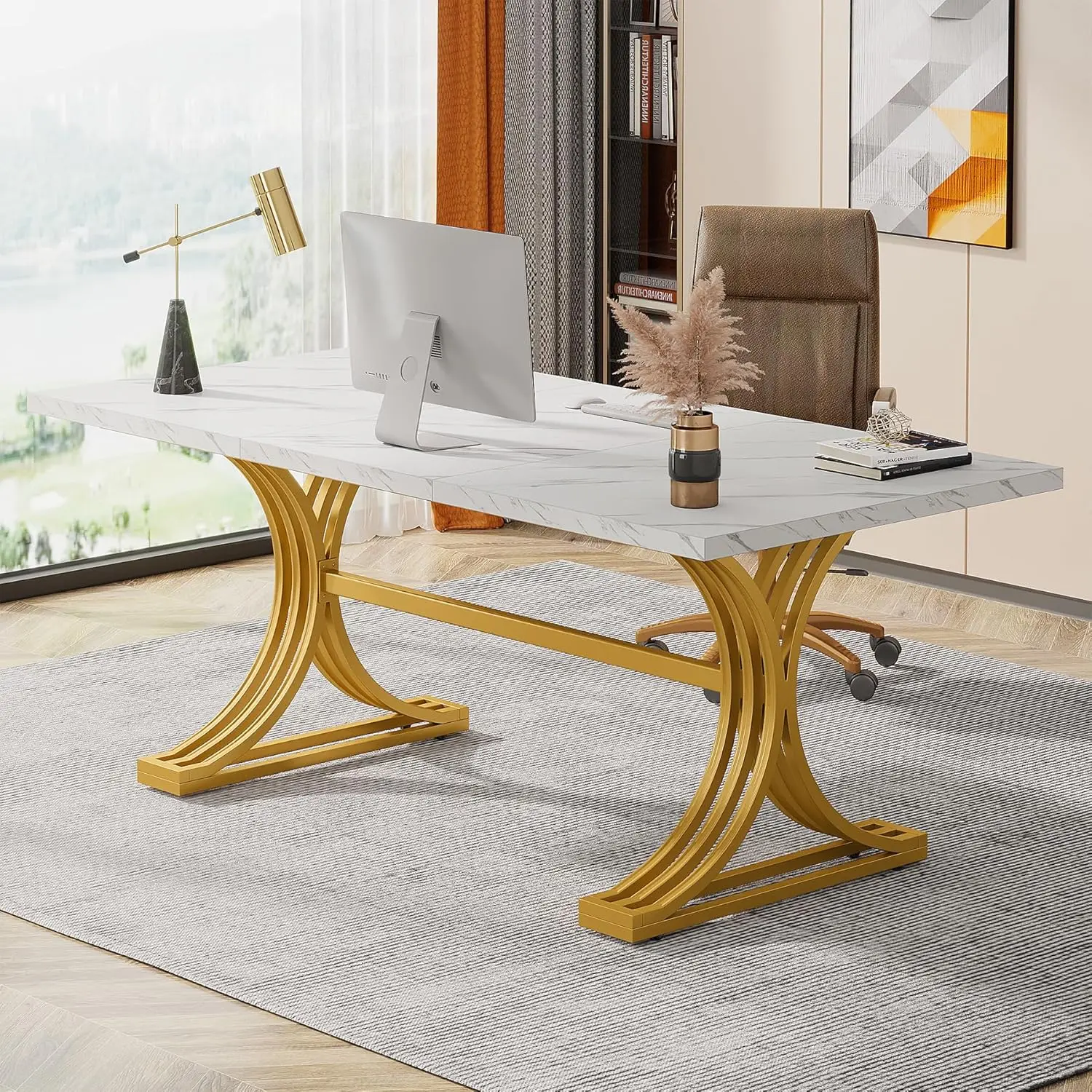 

63-Inch Large Office Desk, Modern Rectangular Executive Desk with Stylish Gold Legs, Wood Faux Marble Table, Business