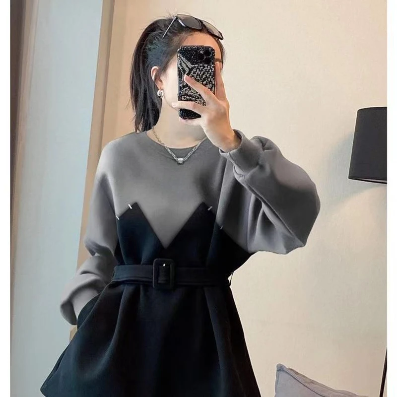 Fake Two Piece Belted Tunic Round Neck Long Sleeve Top Women Spring Fall Tshirt New Fashion Harajuku Oversized Patchwork Clothes