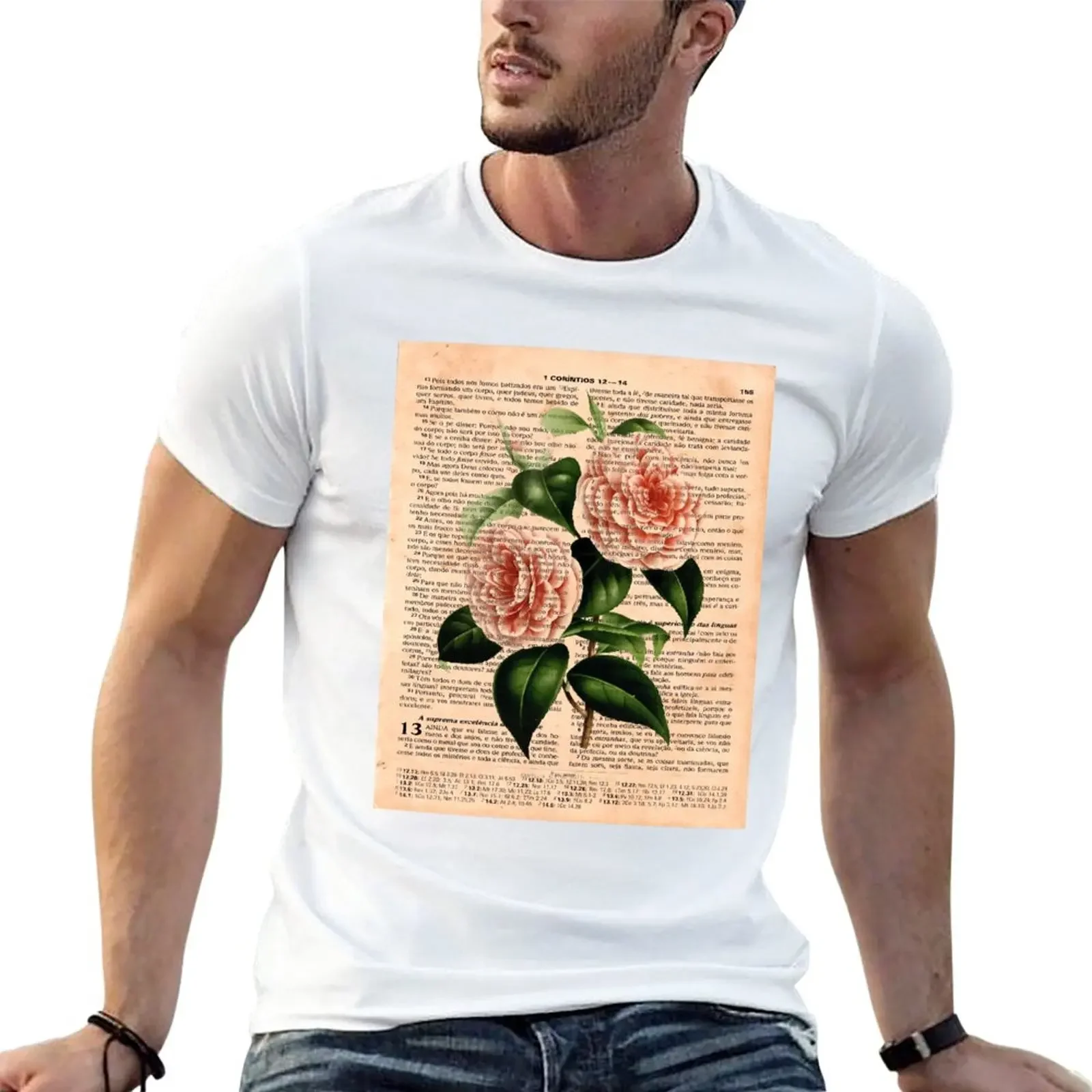 Pink Camellias on Corinthians T-Shirt cute tops men t shirt Summer fashion New Arrival Cotton Short Sleeve heavyweight Round man