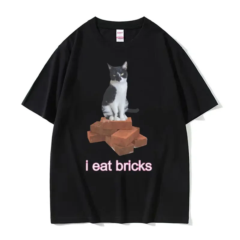 I Eat Bricks Cute Cat Funny Meme Graphic T-Shirt Summer for Men Women Fashion Clothing T-shirt O-Neck Short Sleeve T Shirts Tops