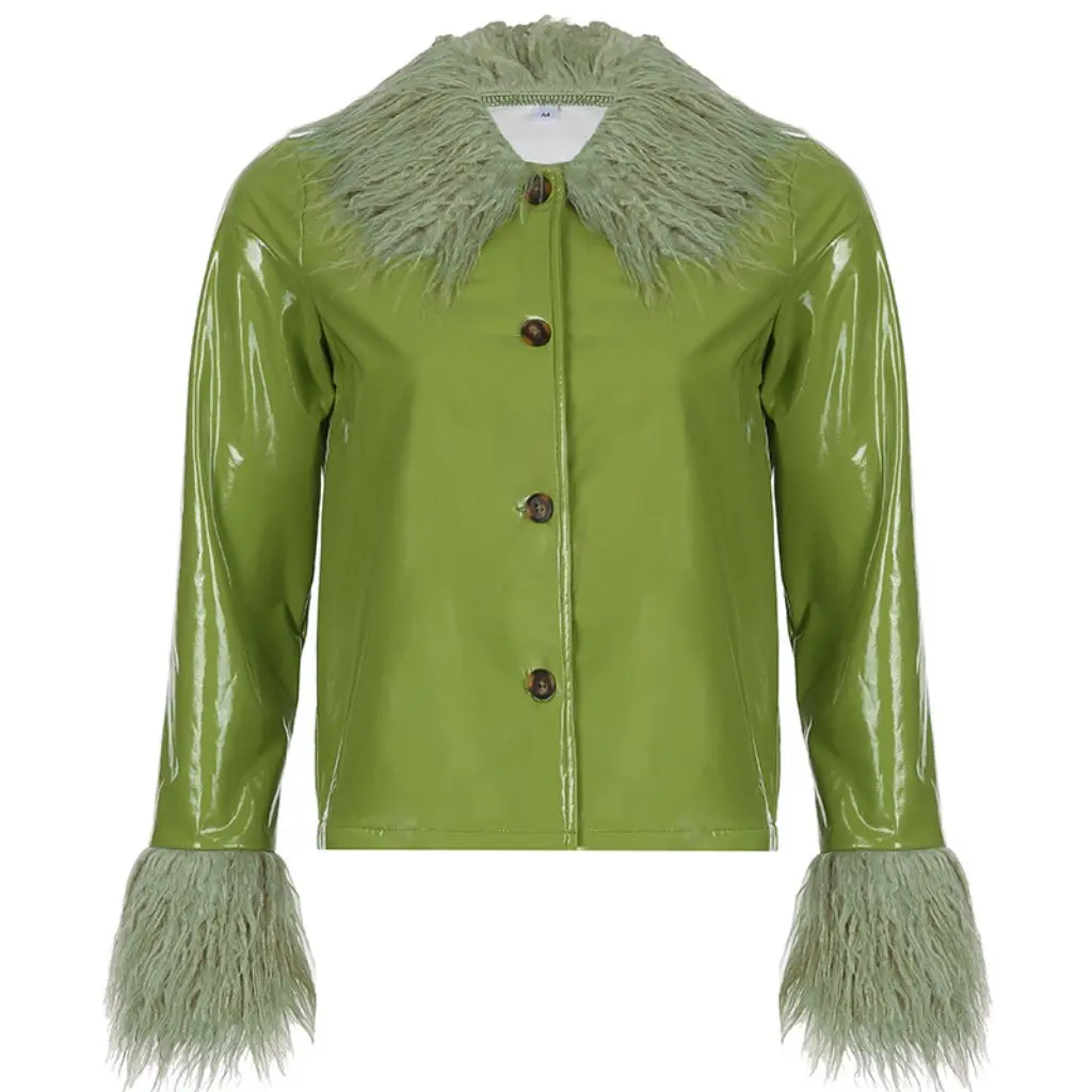 معطف جلد نسائي أنيق بأكمام طويلة للربيع/الصيف على الطراز الأوروبي الأمريكي صدر واحد بقصة ضيقة مع ياقة من الفرو