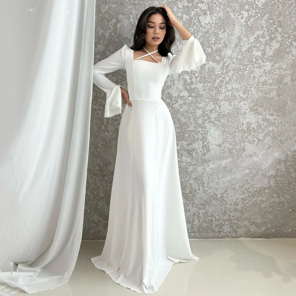 

Customized Elegant White Long Sleeve Wedding Dress Bell Sleeve Wedding Party Formal Gown Simple Classic Women Bridal Dress