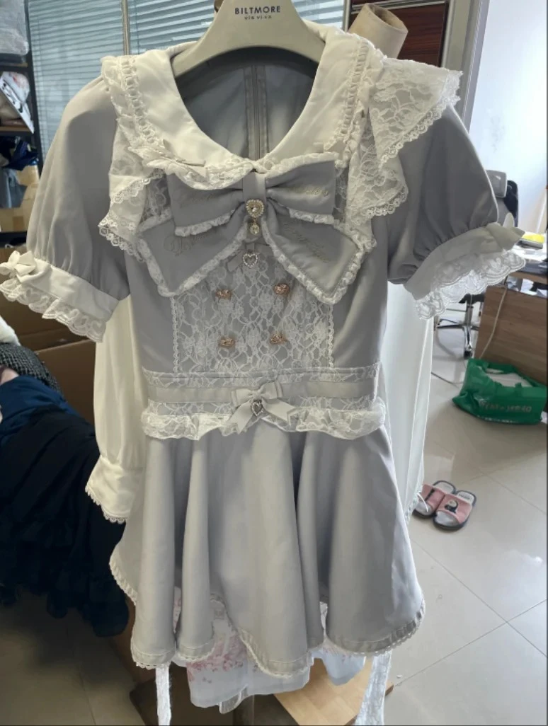 

Women's Sweet Big Bow Lace Patchwork Ruffled Doll Collar Bubble Short Sleeve Dress Shorts Set Japanese Mine Mass-Produced Dress