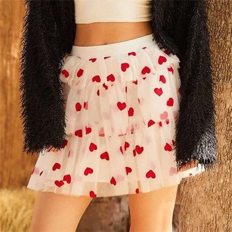 Women Layered Tulle Mini Skirts Y2k Ruffle Love Heart Print Short Skirt Valentine's Day Party Sparkly Tutu Costume