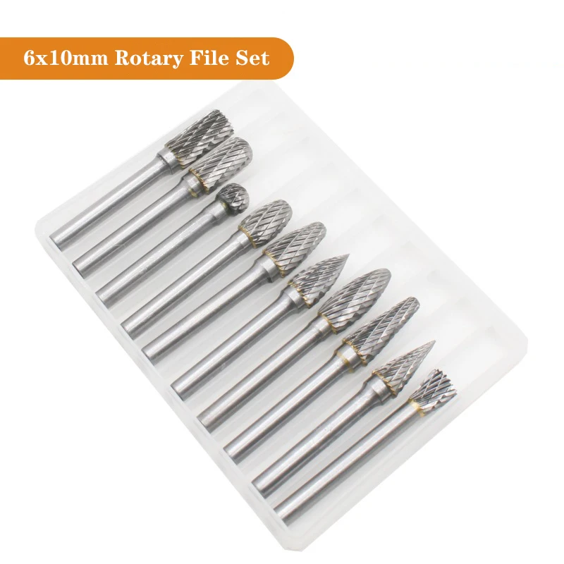 

6x10mm, 10Pcs, Carbide Burr Set for Dremel Rotary Tool, Die Grinder Bits, Rotary File Rasp, 1/4 Shank Tool Accessories