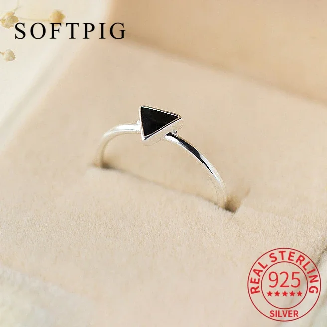 SOFTPIG Real 925 Sterling Silver Black Enamel Triangle Adjustable Ring For Women Geometric Fine Jewelry Minimalist Accessories