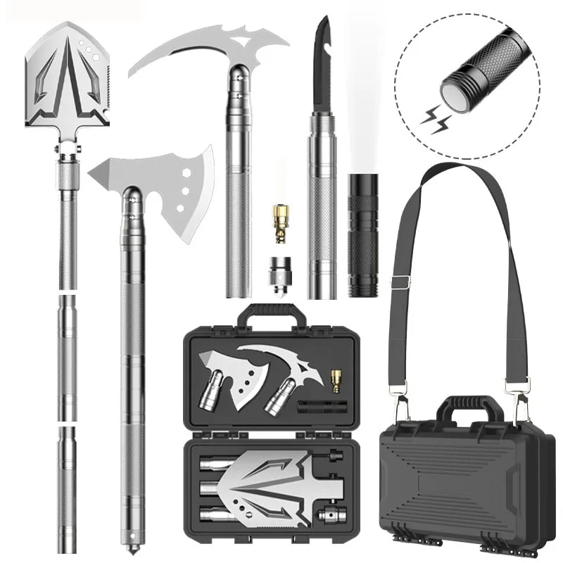 

Outdoor multifunctional armory shovel set vehicle mounted folding camping tools with flashlight tactical axe multipurpose pick