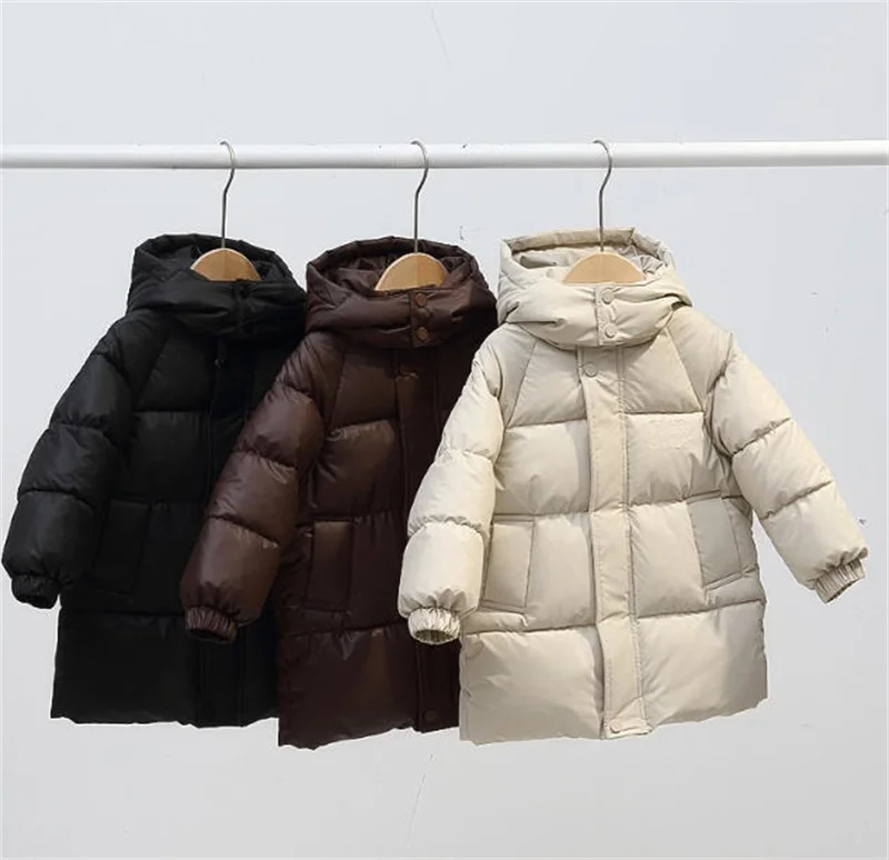 Wasserabweisende Daunenmäntel für Kinder im Winter, warme, bequeme, mittellange Freizeitjacke für Jungen und Mädchen, dicke Oberbekleidung mit Kapuze