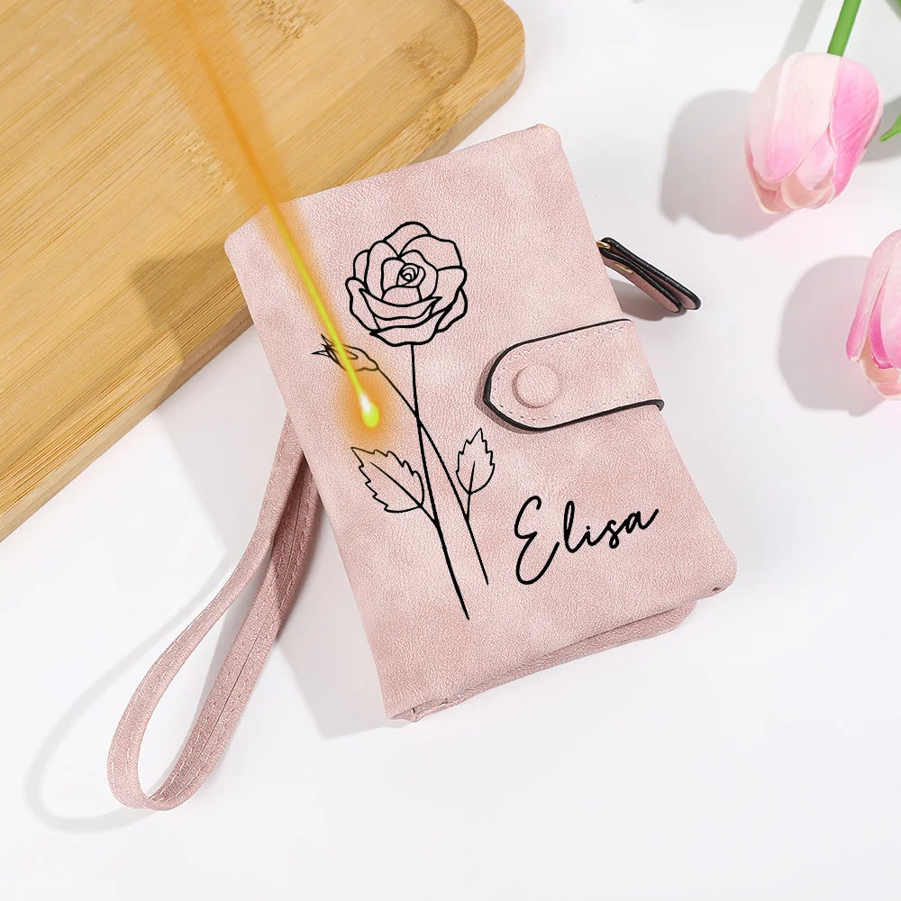 Cartera con tarjetero para mujer de cuero PU resistente al agua con nombre personalizado, monedero con diseño de flor de nacimiento personalizado, perfecto para regalos de Navidad