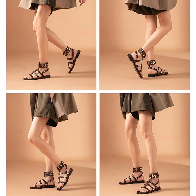 BeauToday Gladiator Sandals Women Leather Shoes Rivet Ankle Buckle Strap Roman Casual Handmade Flat Summer Ladies Shoes 07113