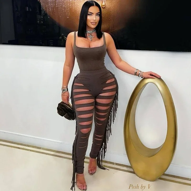 

Sexy Hollow Out Tassel Two Piece Set for Women Night Club Outfits Y2K Sleeveless Tank Bodysuit Top and Leggings Matching Sets