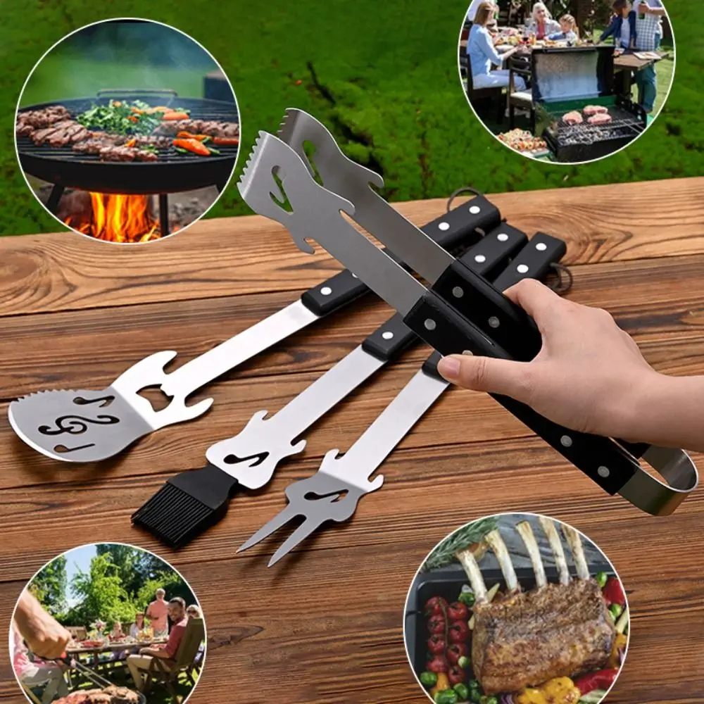 

Stainless Steel Grilling Tool Set Wooden Handle Easy Draining BBQ Shovel Fork Clamp Silicone Brush with Storage Bag