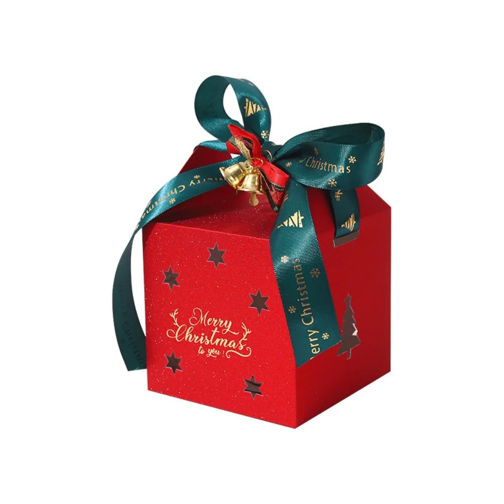 Caja cuadrada de embalaje de regalo de Navidad con campana y cinta, caja de dulces de Navidad con purpurina, caja de Chocolate con estampado en caliente de papel para niños, 6 uds.