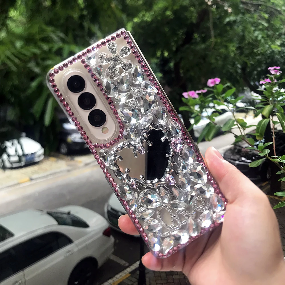 Bling Rhinestone Broken Heart Mirror Phone Case For Samsung Galaxy Z Fold 7 6 5 4 3 Diamond Flowers Water Drop Crystal PC Cover
