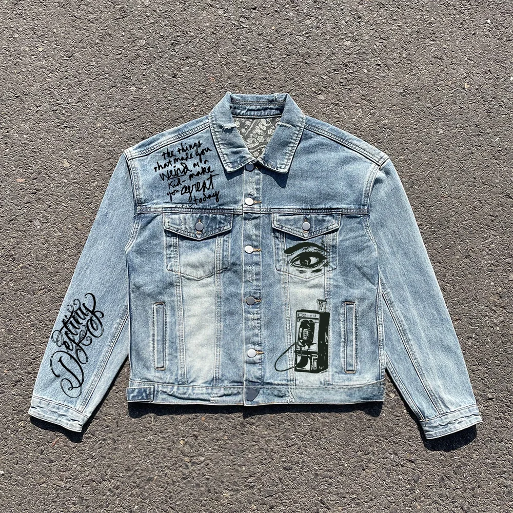 Retro American Dark Style Worn-In Denim Jacket Youthful Energy Multi-Pocket Loose Fit Long Sleeve Outerwear for Couples