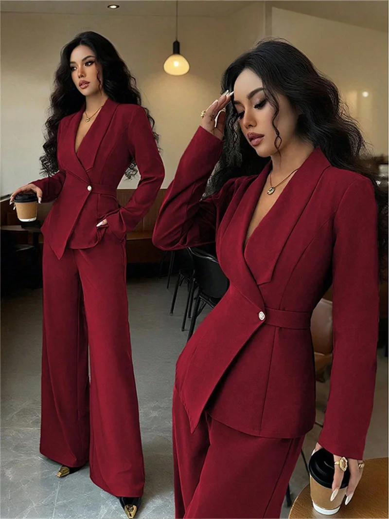 

Women Burgundy Suit Set 2025 Elegant Belted Blazer Wide Leg Trousers with Stretch Fabric Office Wedding Wear for Business Attire