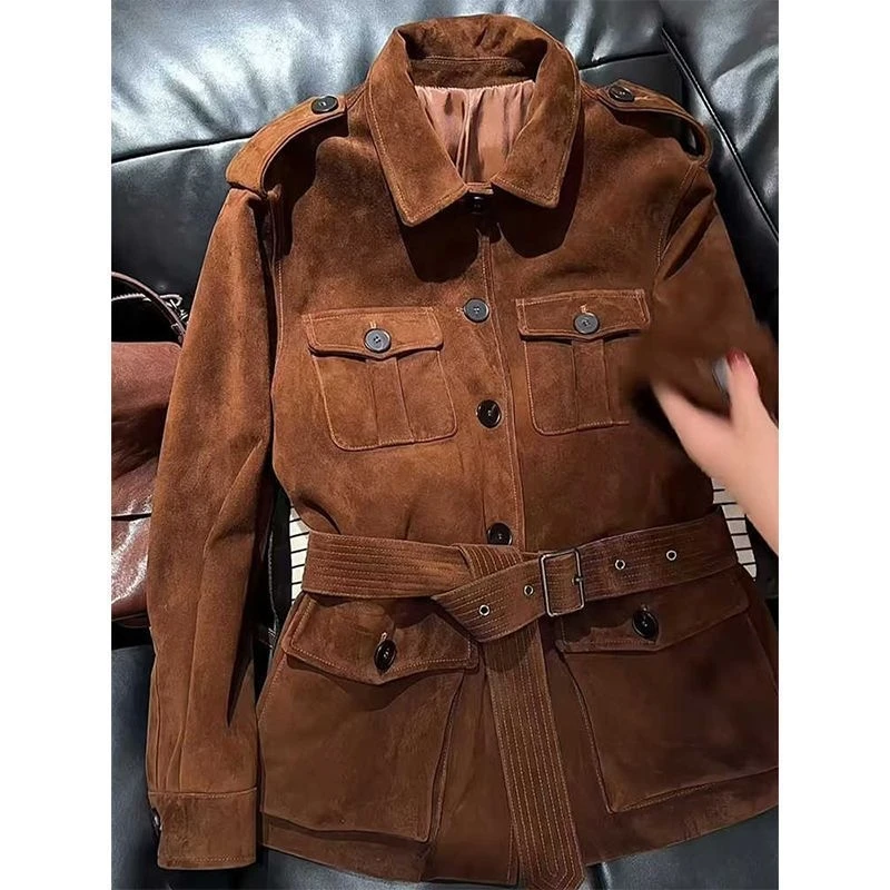 Women Loose Reddish Brown Belt Jacket Turn Down Collar Single Breasted Multi Pocket Retro Outerwear For Office & Party Cozy Gift