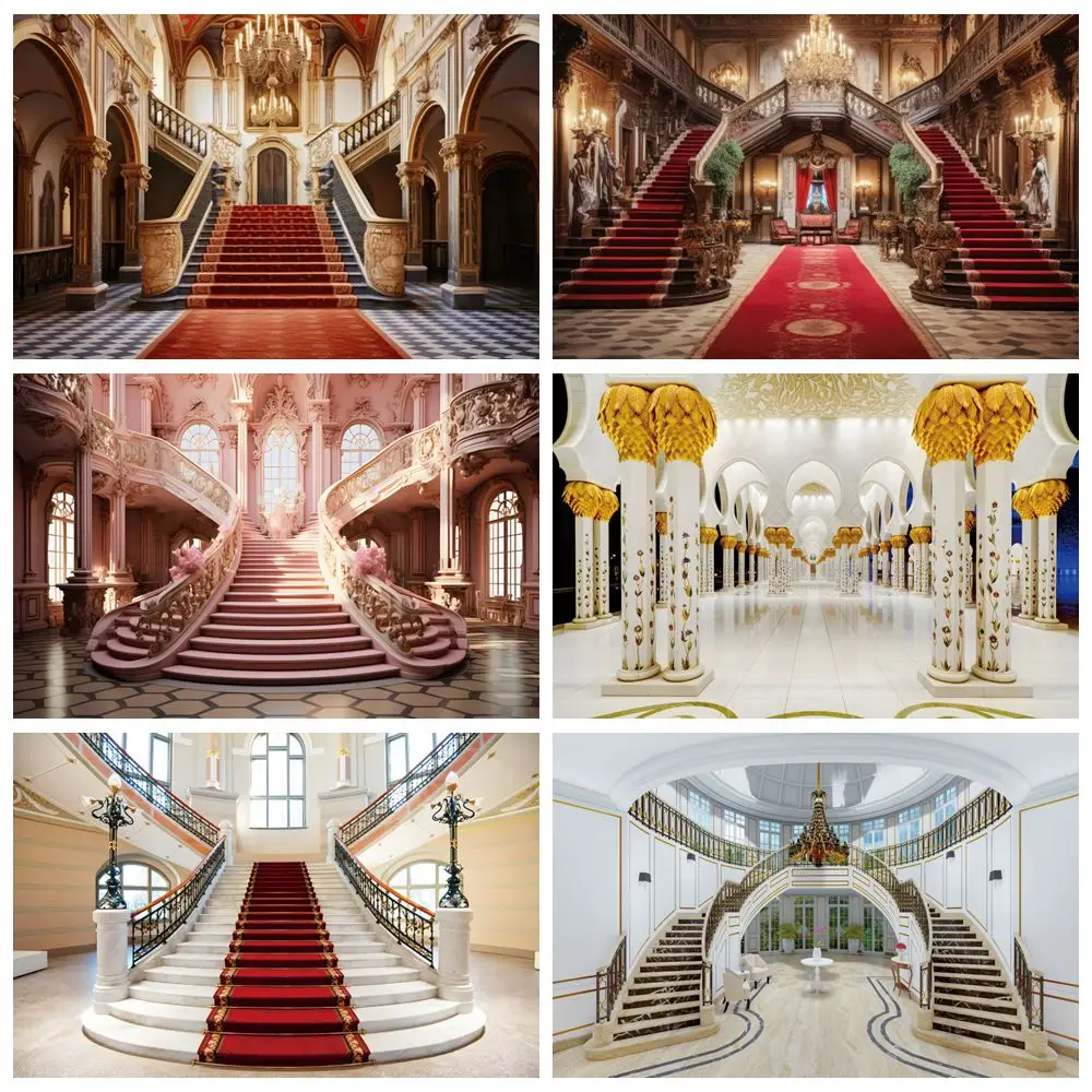 فاخر قصر القلعة التصوير خلفية الكنيسة القديمة السجادة الحمراء الدرج الزفاف صورة عيد ميلاد الطفل التصوير الفوتوغرافي خلفية ديكور