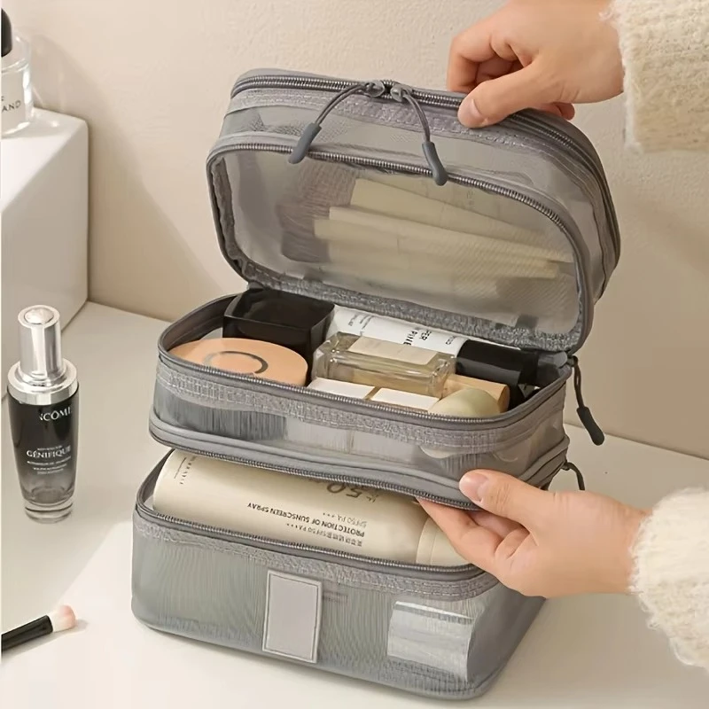 Multi Layer Mesh Travel Cosmetic Bag Portable Handheld Makeup Organizer Bag Transparent Toiletry Storage Pouch for Vacation Trip