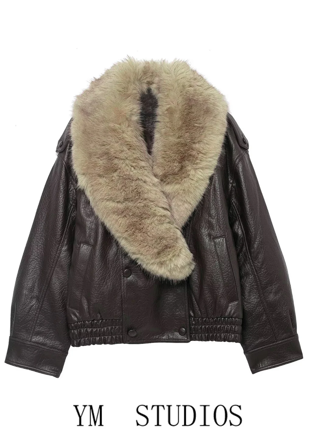 Damen-Winterjacke aus braunem Kunstleder mit Kunstfellkragen, Motorrad-Stil, langen Ärmeln und Doppelknopfverschluss