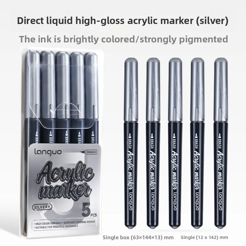 LANGUO 5 stuks/set, directe vloeibare acrylmarkers, zwarte, witte, gouden en zilveren kleuren, verfstift voor doe-het-zelfprojecten, geschikt voor tekenen en schilderen op glas.