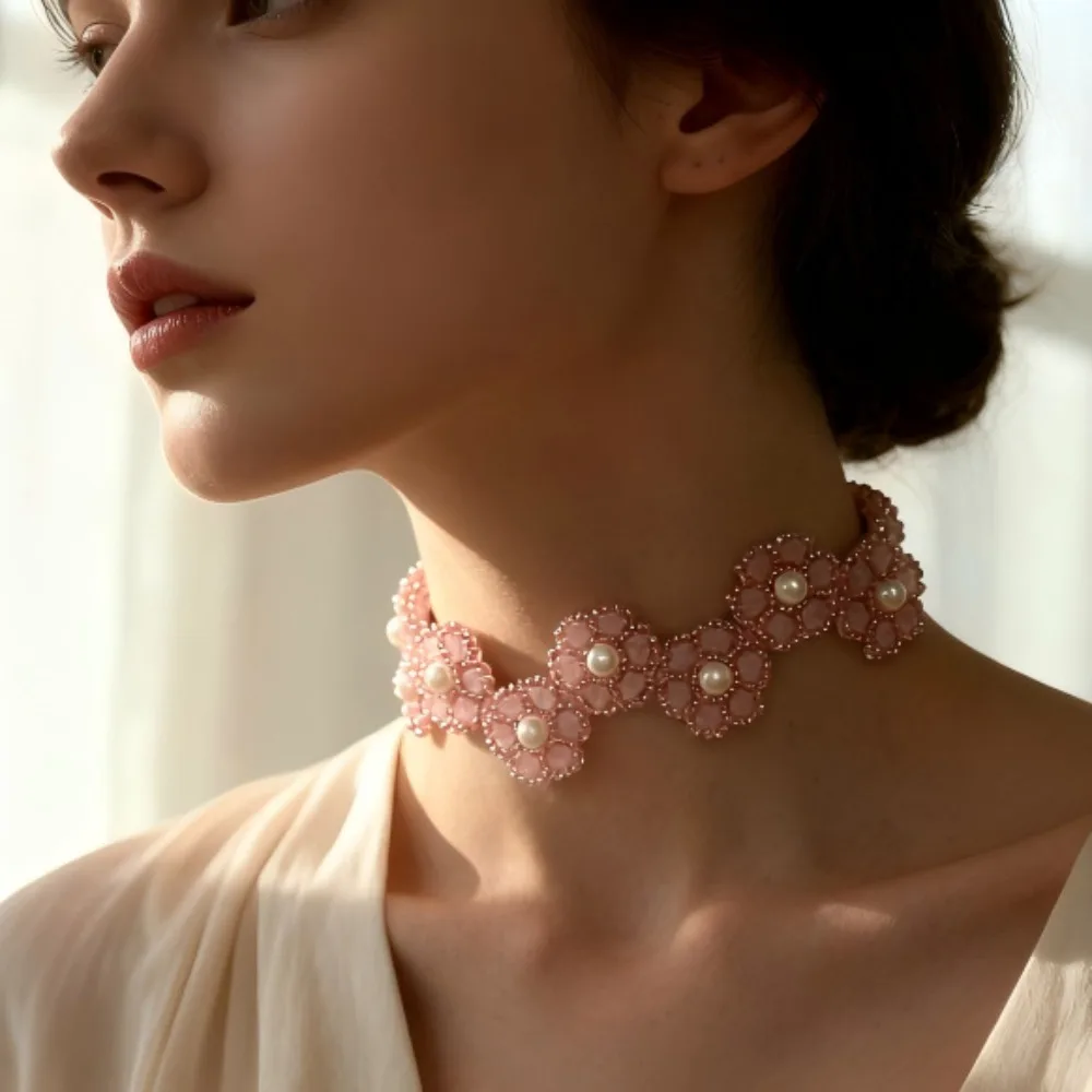 

Pink Flower Pearl Choker Necklace, Handmade Beaded Floral Collar Neck Chain Elegant Romantic Bridal Wedding Party Jewelry