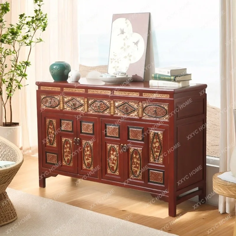 Chinese solid wood Ming and Qing classical old dining side cabinet retro carved multi-layer locker living room tea cabinet