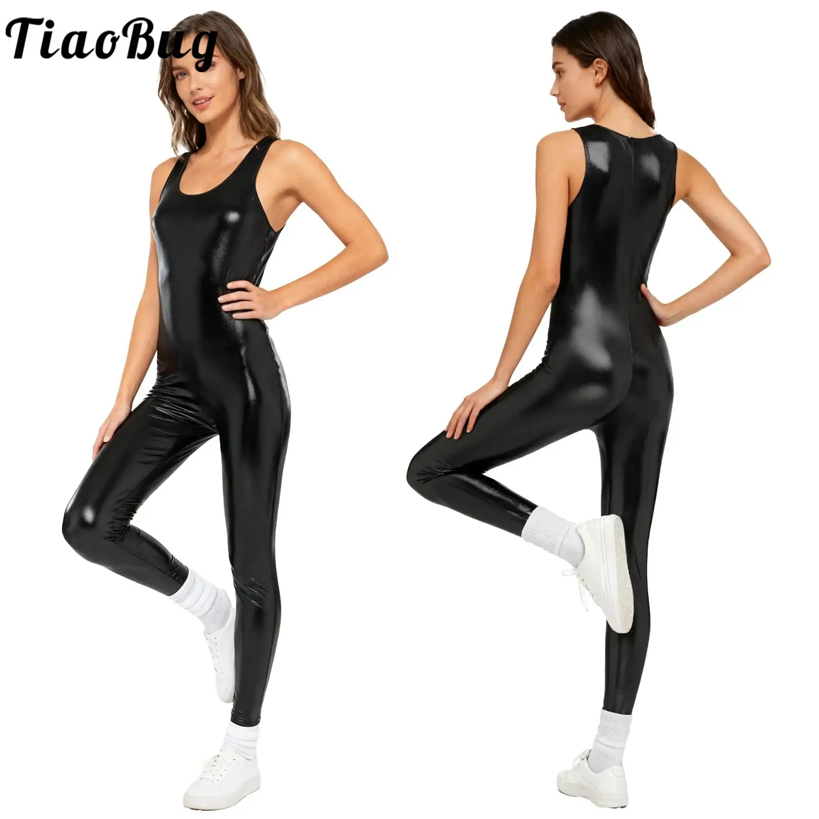 

Women Shiny Slim Fit Gymnastics Pole Dancing Jumpsuits Sleeveless Pencil Pant Bodysuit for Yoga Workout Stage Dance Leotards