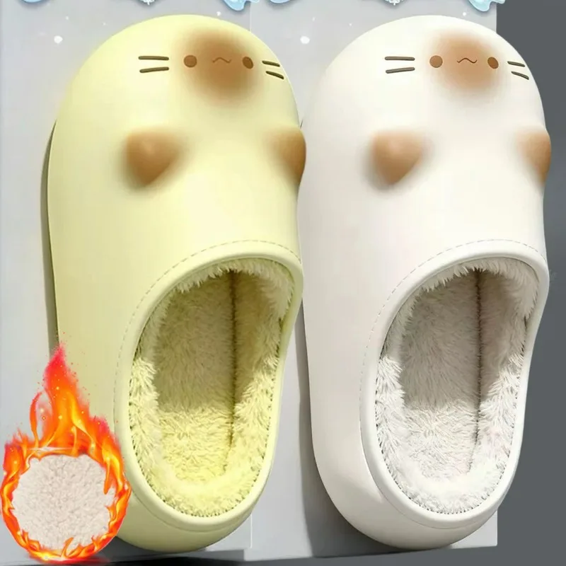 

Cute Waterproof Thicken Cat Paw Slippers for Women Men Winter Plush Fluffy Home Warmth Couple EVA Sole Cartoon Outdoor Slipper