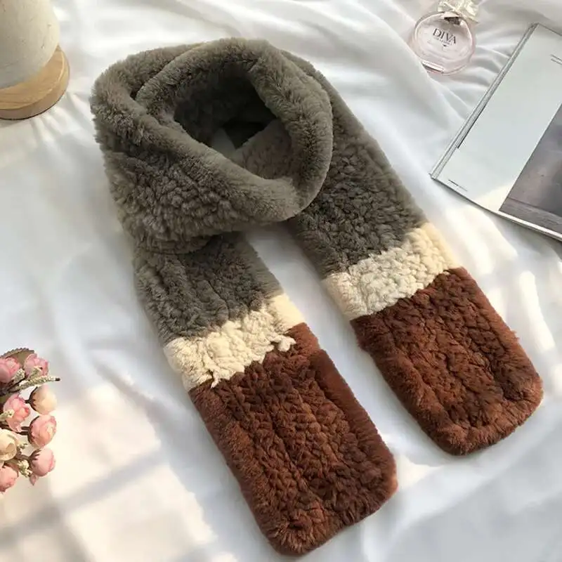 

Rex Rabbit Fur Scarf Women's Fur Scarf Long Knitted Real Fur Scarves Shawl Winter Fashion Thickened Warm Fur Scarf For Ladies