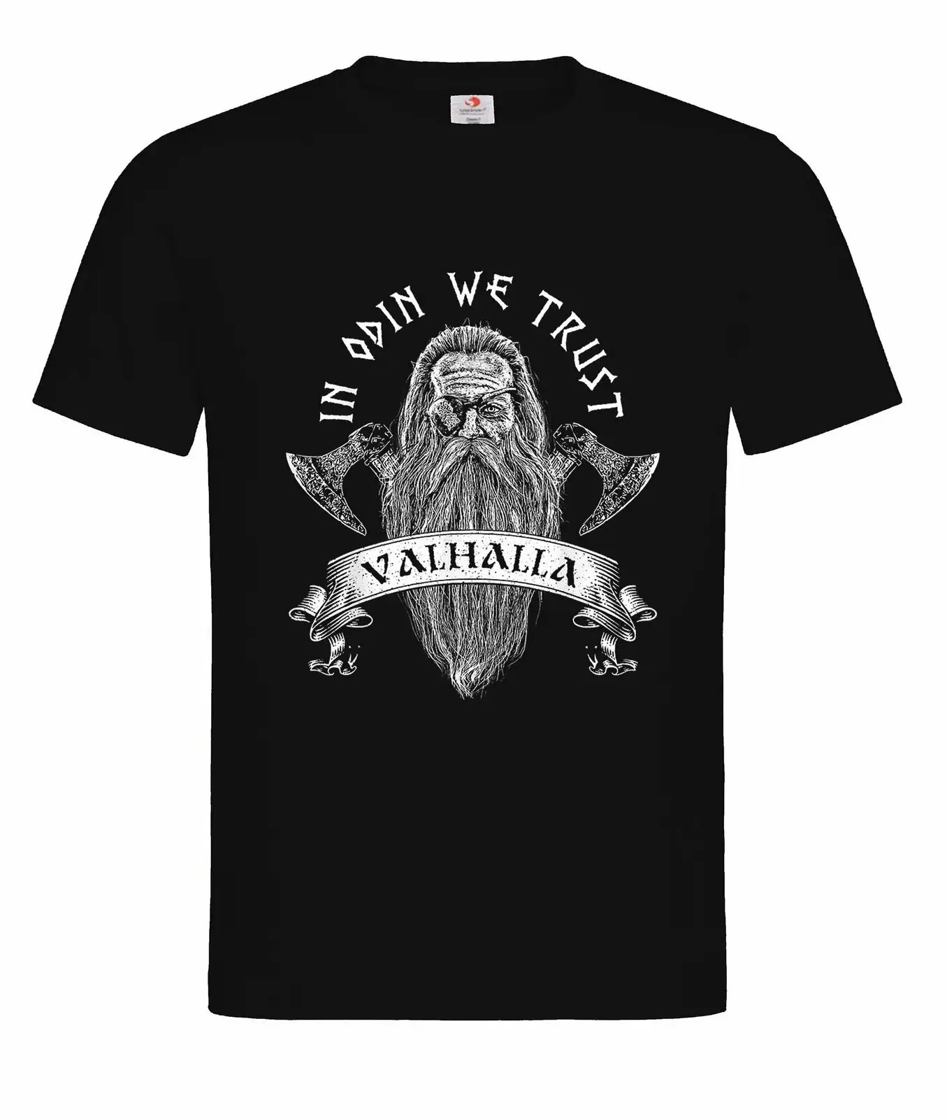

In Odin We Trust. Nordic Warrior Crossed Axe Valhalla T-Shirt New 100% Cotton O-Neck Short Sleeve Summer Casual Mens T-shirt