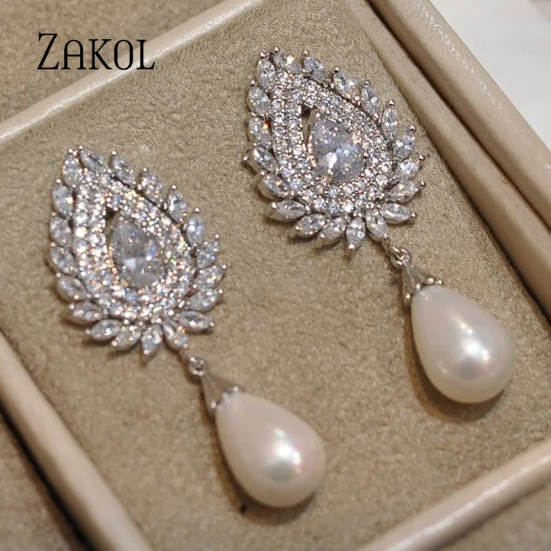 ZAKOL Vintage White Imitation Pearls Dangle Earrings for Women Luxury Water Drop Zircon Bridal Wedding Jewelry