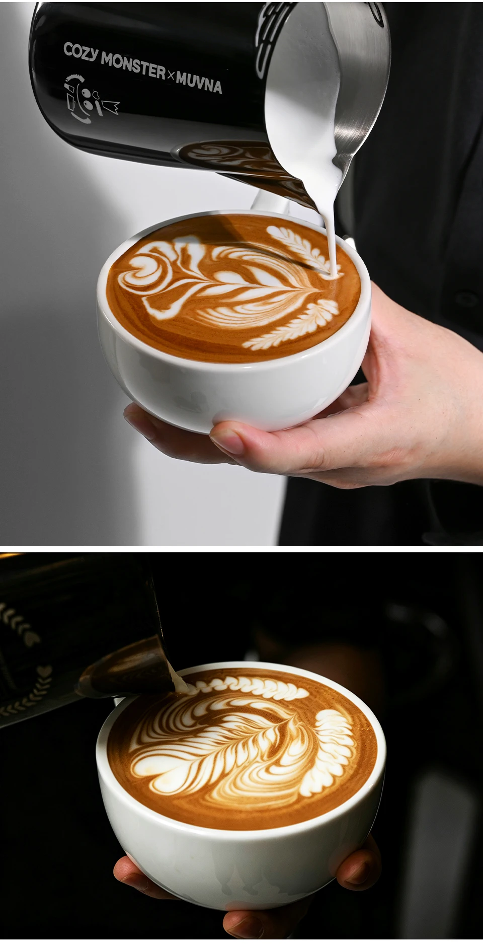 MUVNA 240ml Ceramic Latte Art Cup Embossed Coffee Cup With Saucer Thick Rim Wing Handle Barista Cappuccino Espresso Cup